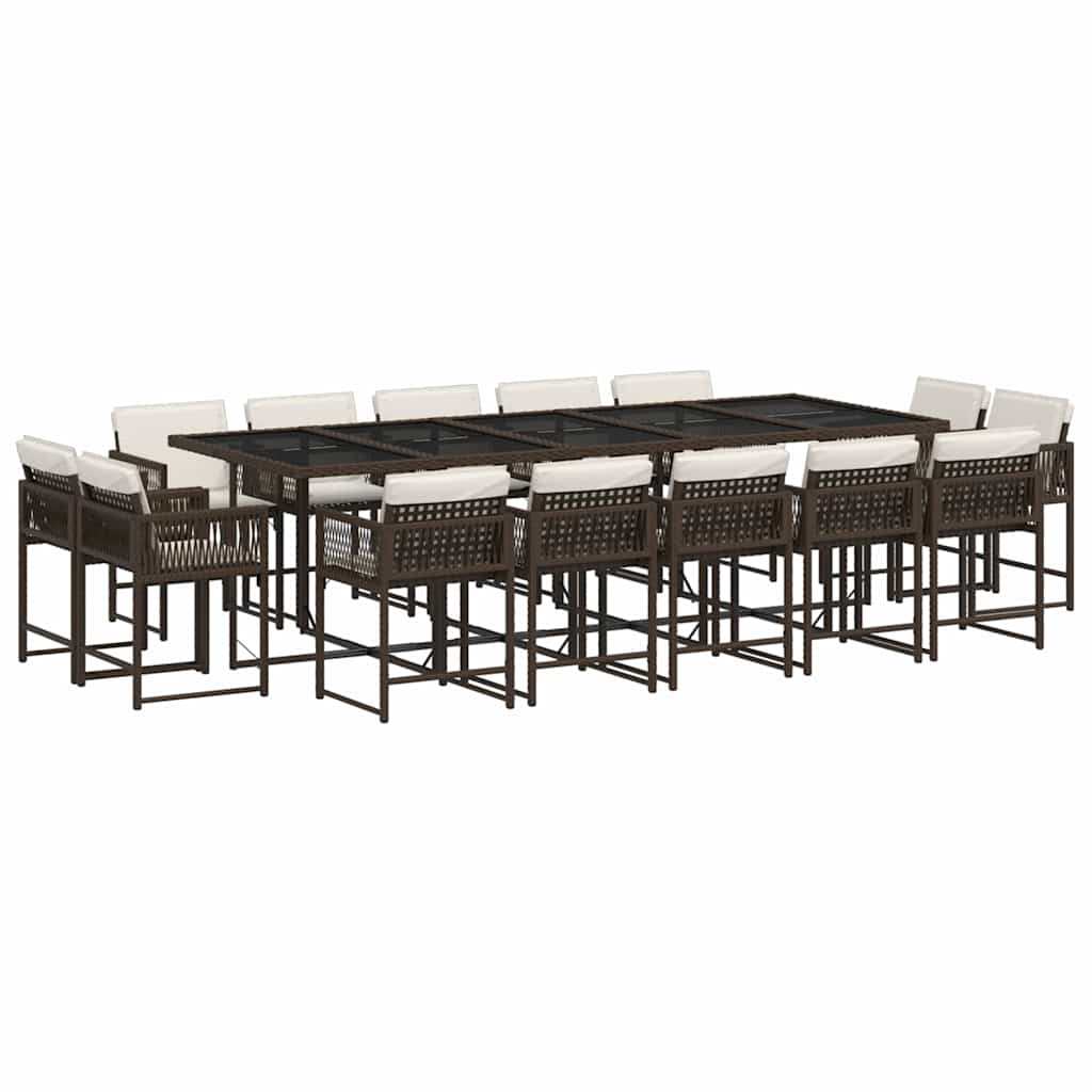 15 Piece Garden Dining Set with Cushions Brown Poly Rattan