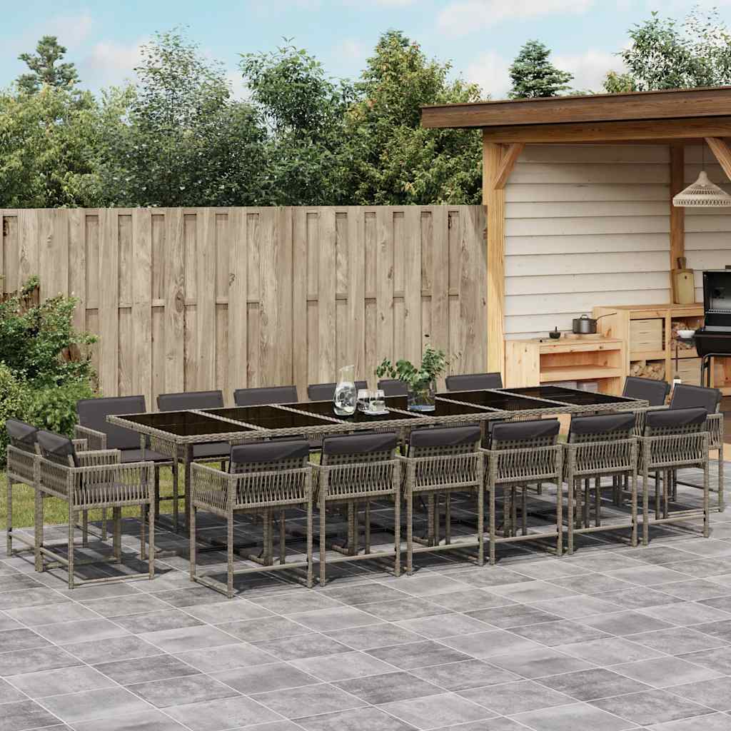17 Piece Garden Dining Set with Cushions Grey Poly Rattan