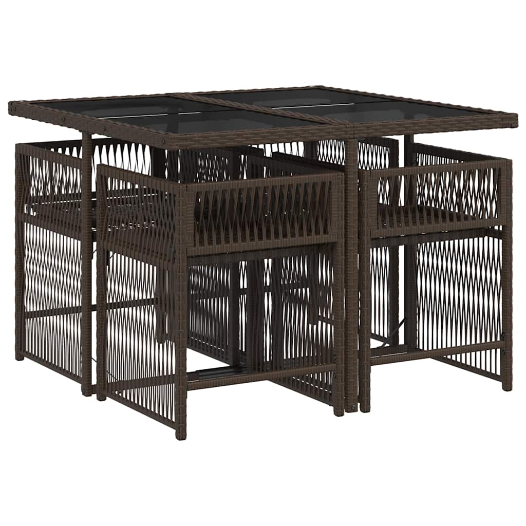 5 Piece Garden Dining Set with Cushions Brown Poly Rattan