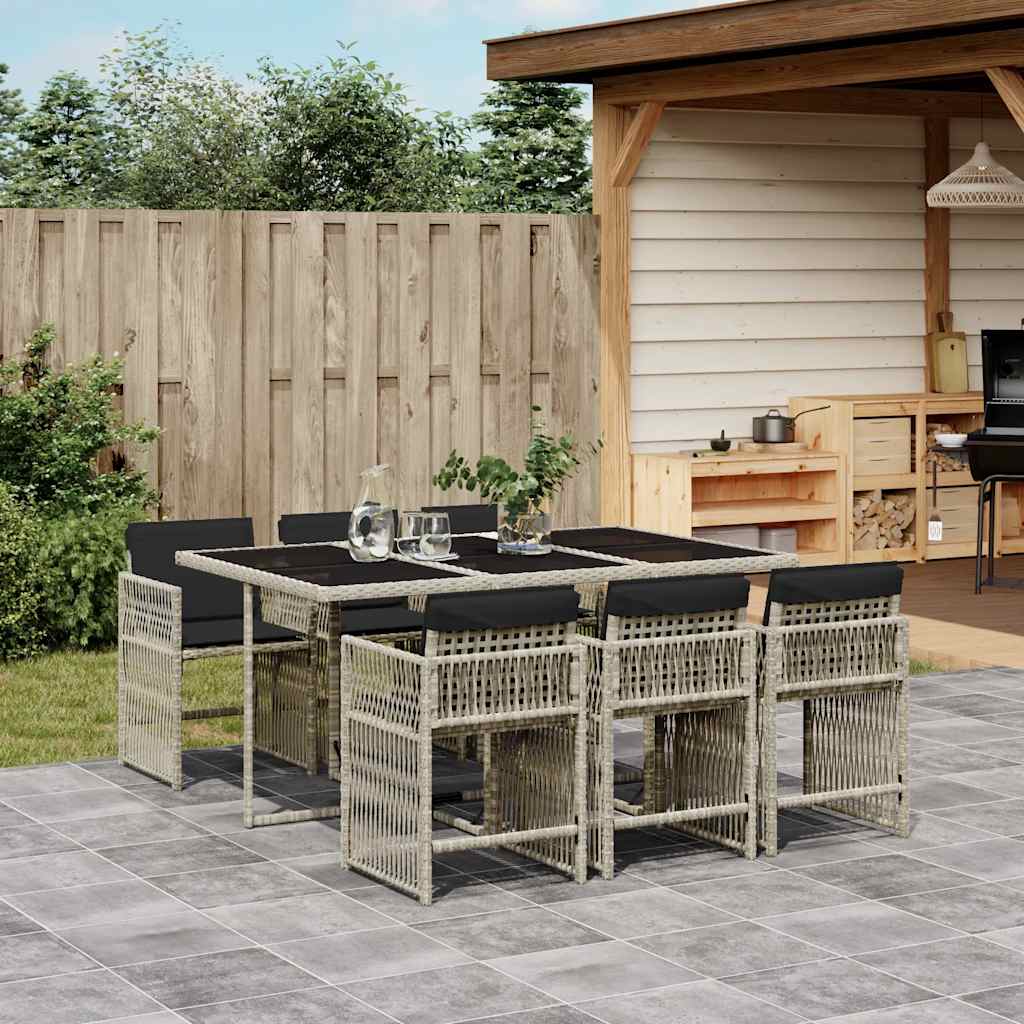 7 Piece Garden Dining Set with Cushions Light Grey Poly Rattan