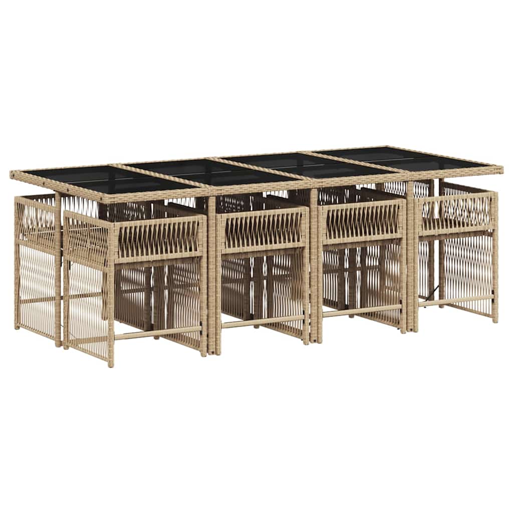 9 Piece Garden Dining Set with Cushions Beige Poly Rattan