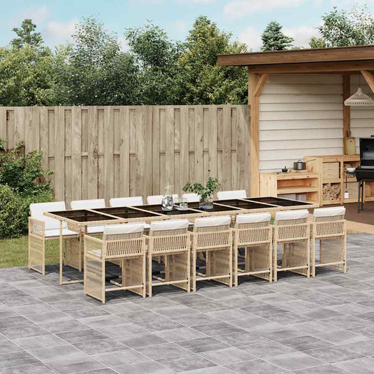 13 Piece Garden Dining Set with Cushions Beige Poly Rattan