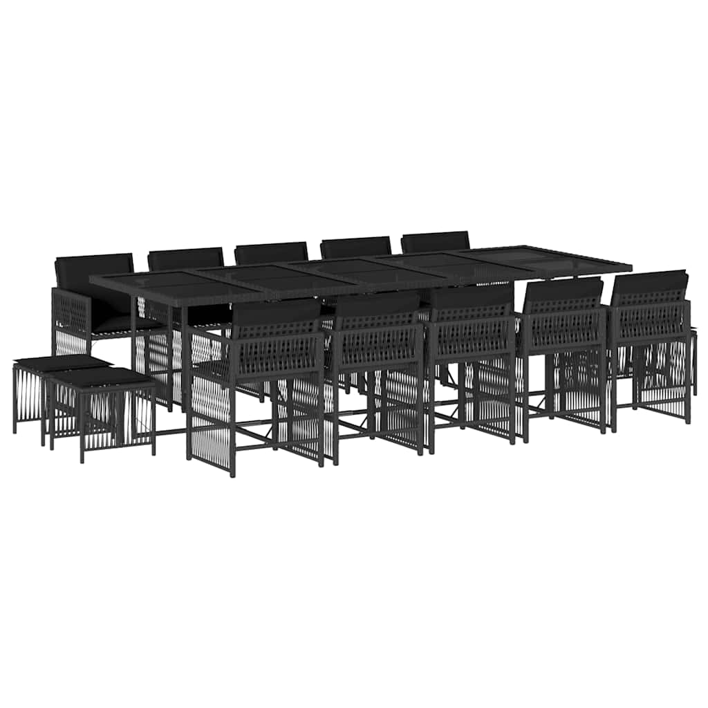 15 Piece Garden Dining Set with Cushions Black Poly Rattan