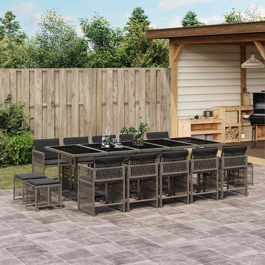 15 Piece Garden Dining Set with Cushions Grey Poly Rattan