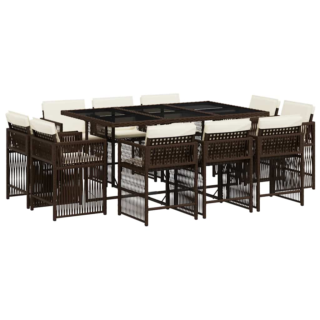 11 Piece Garden Dining Set with Cushions Brown Poly Rattan