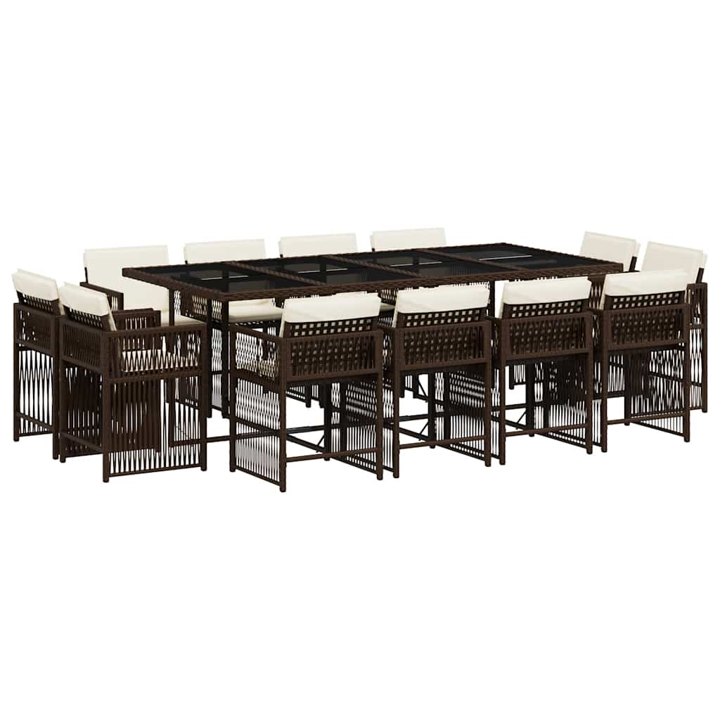 13 Piece Garden Dining Set with Cushions Brown Poly Rattan