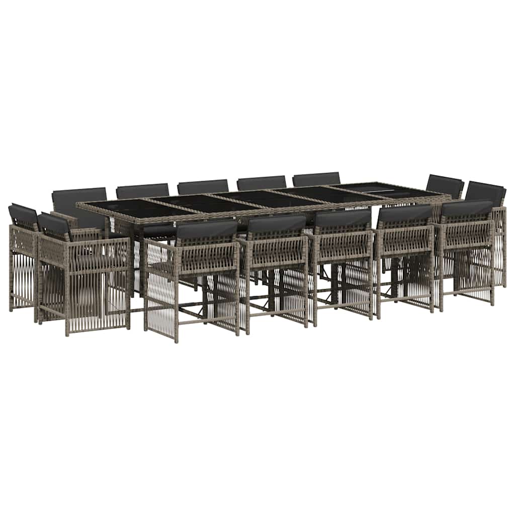 15 Piece Garden Dining Set with Cushions Grey Poly Rattan