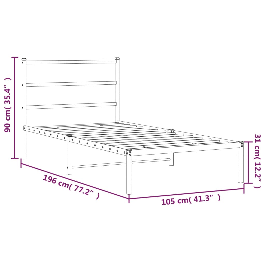 vidaXL Metal Bed Frame without Mattress with Headboard Black 100x190cm