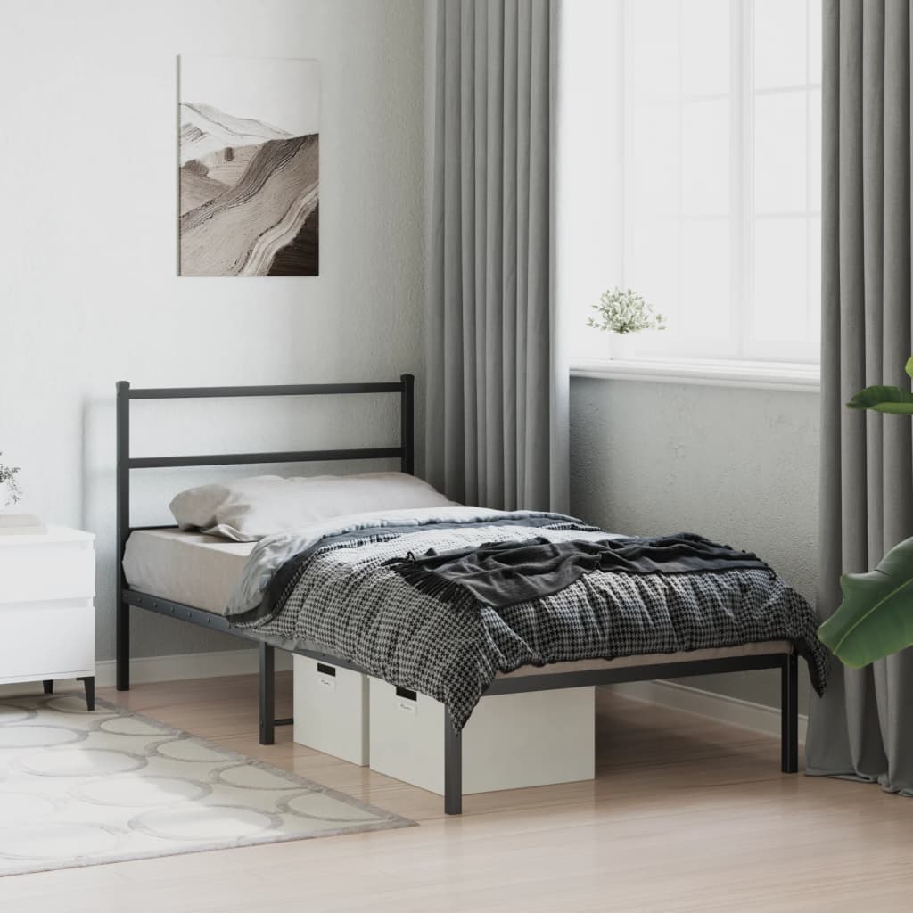 Metal Bed Frame without Mattress with Headboard Black 107x203cm