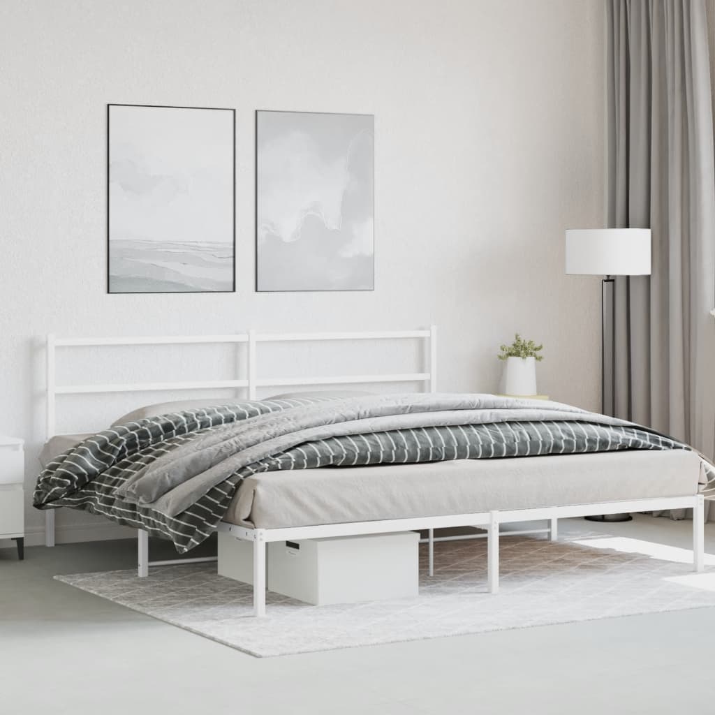 Metal Bed Frame without Mattress with Headboard White 193x203cm