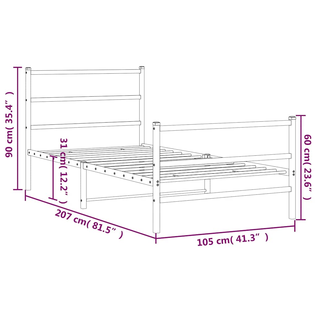 Metal Bed Frame without Mattress with Footboard White 100x200cm