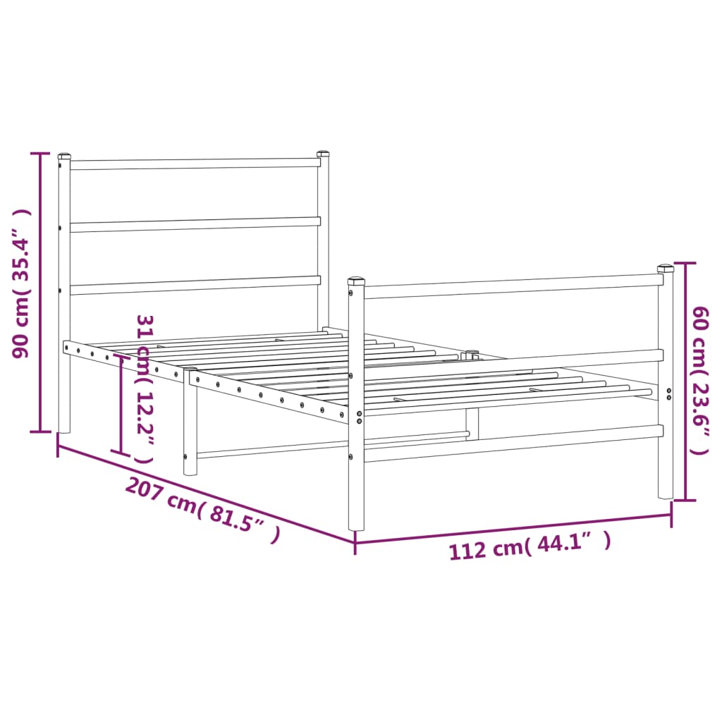 Metal Bed Frame without Mattress with Footboard White 107x203cm