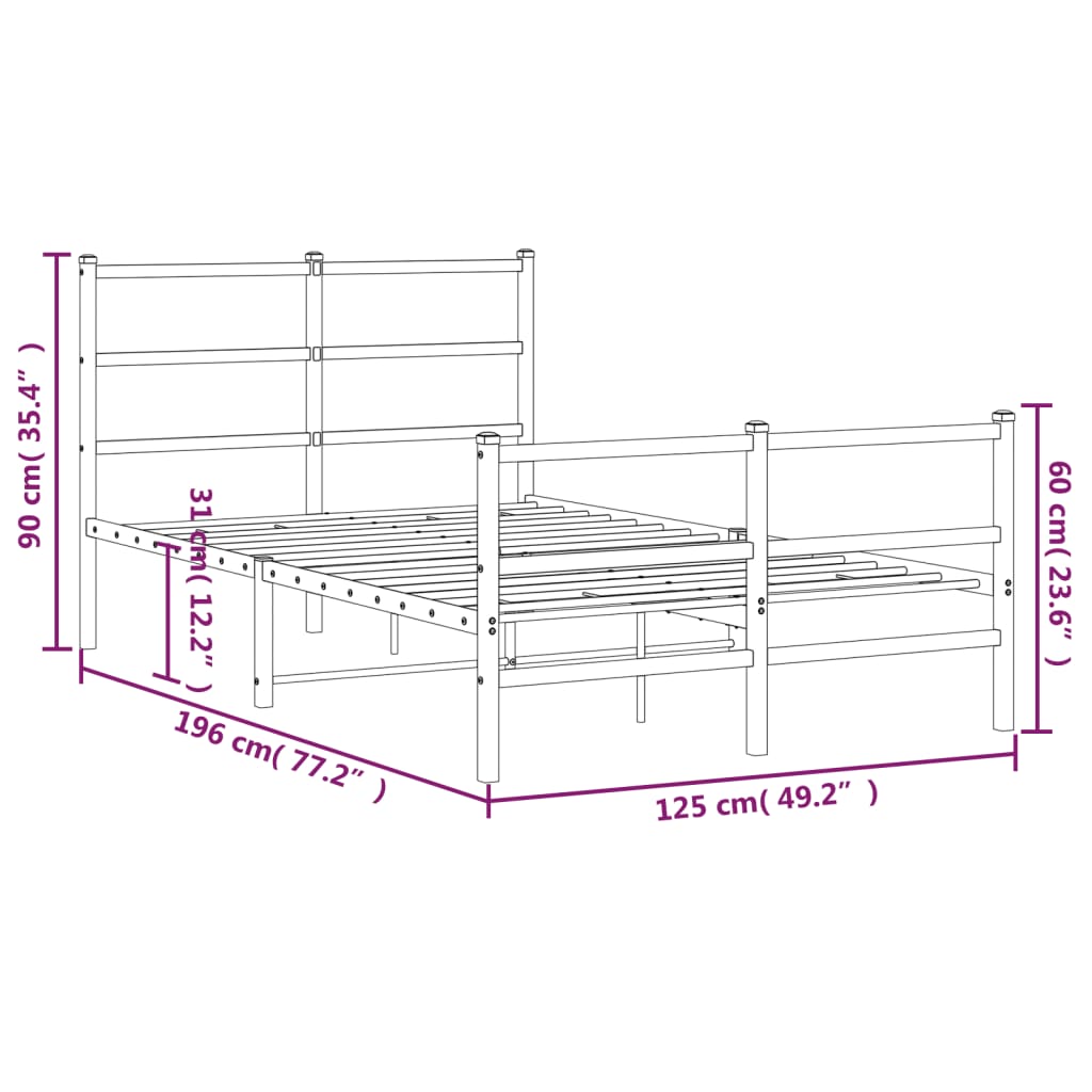 Metal Bed Frame without Mattress with Footboard White 120x190cm