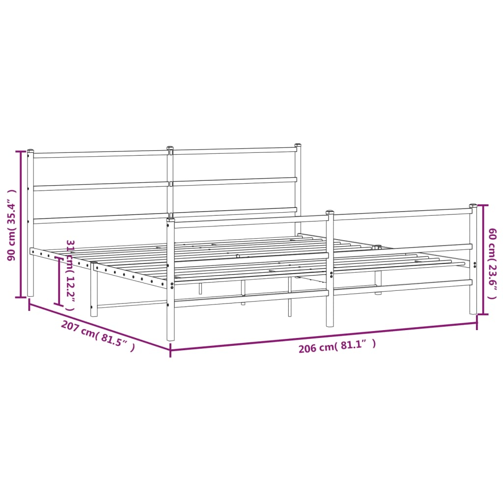 Metal Bed Frame without Mattress with Footboard White 200x200cm