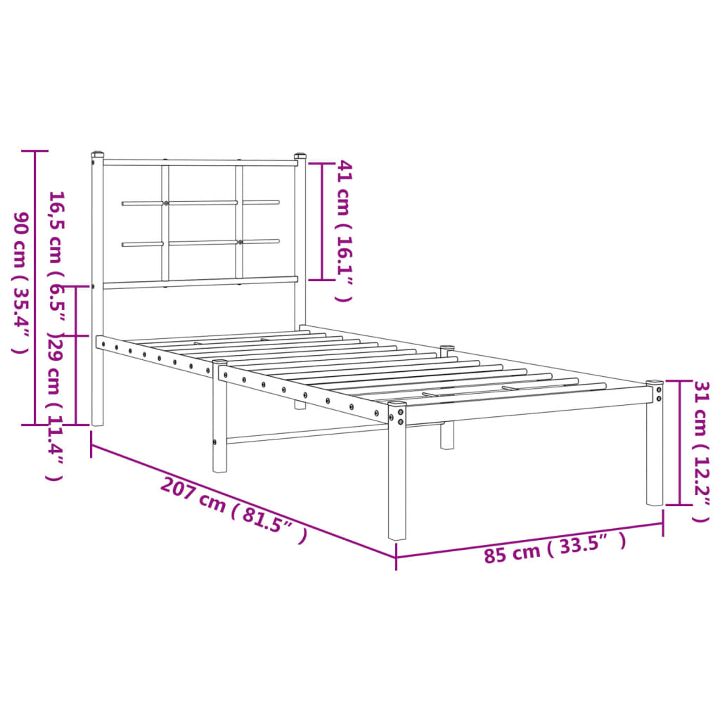 vidaXL Metal Bed Frame without Mattress with Headboard Black 80x200cm