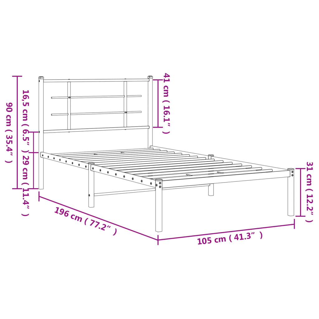 vidaXL Metal Bed Frame without Mattress with Headboard Black 100x190cm