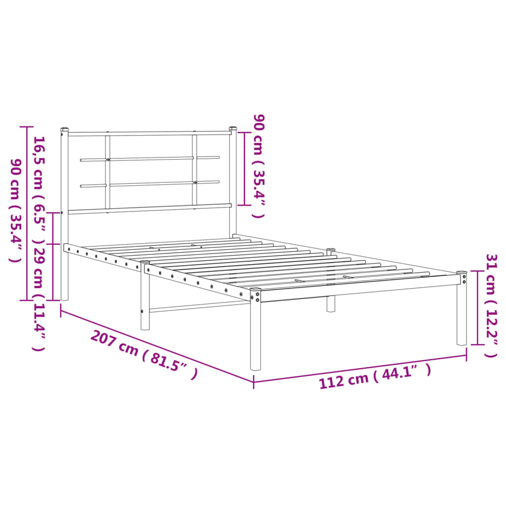 vidaXL Metal Bed Frame without Mattress with Headboard Black 107x203cm