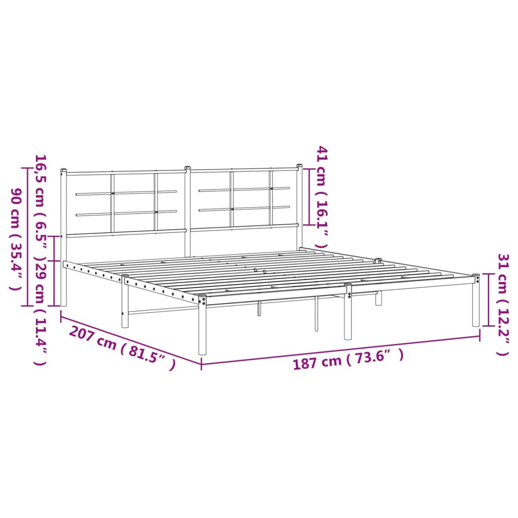 vidaXL Metal Bed Frame without Mattress with Headboard Black 180x200cm