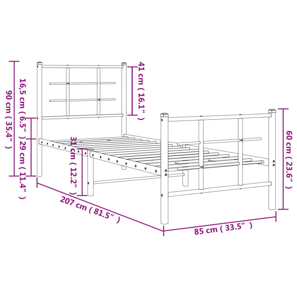 vidaXL Metal Bed Frame without Mattress with Footboard Black 80x200cm