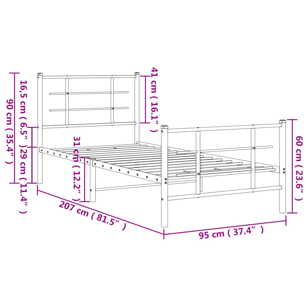 vidaXL Metal Bed Frame without Mattress with Footboard Black 90x200cm