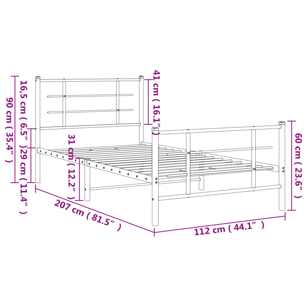 Bed Frame | Black | Powder-Coated Steel | 107x203 cm | Metal Bed Frame