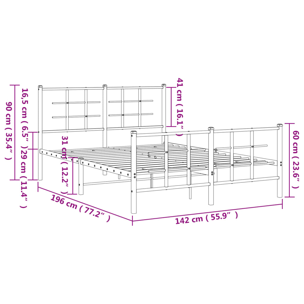 vidaXL Metal Bed Frame without Mattress with Footboard Black 135x190cm