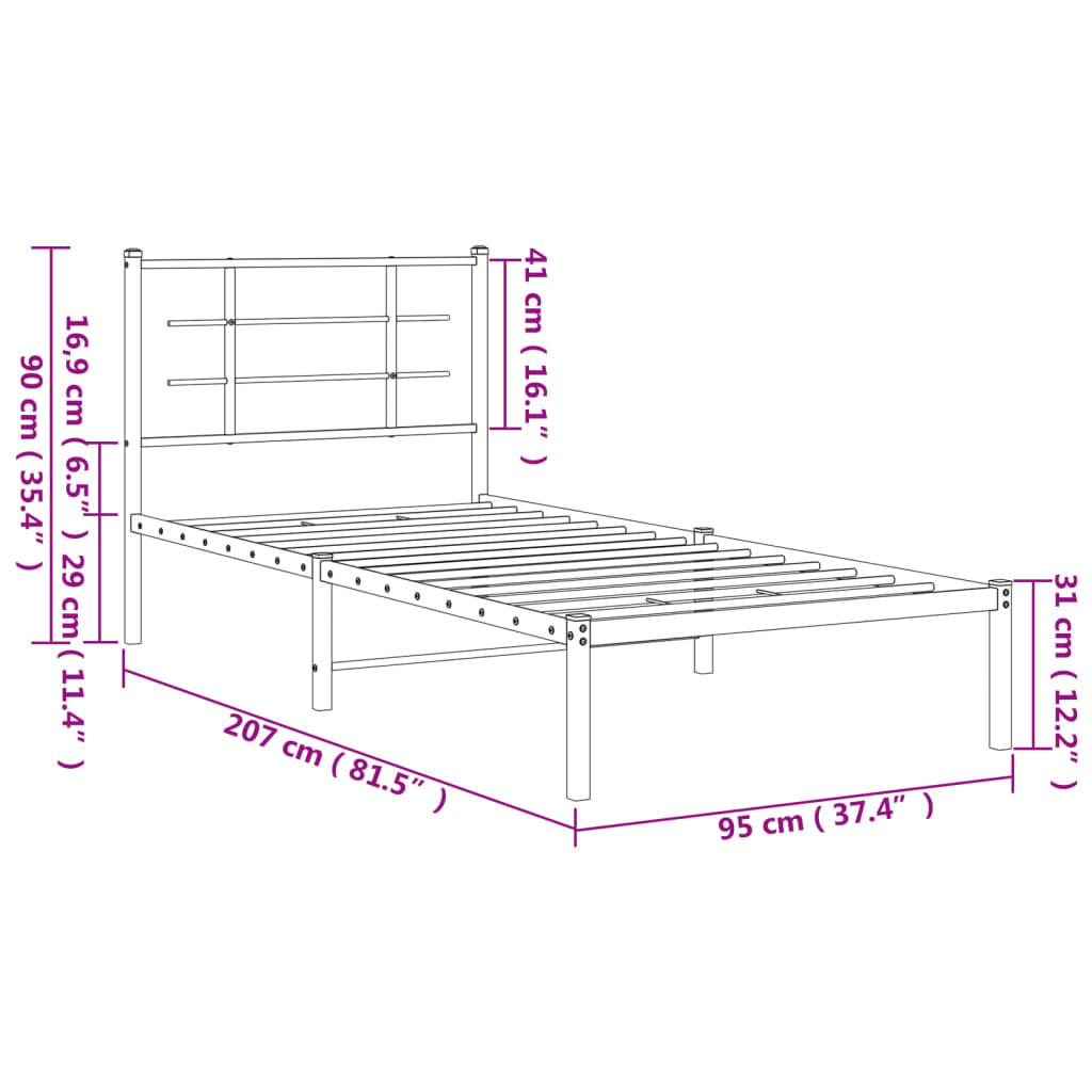 vidaXL Metal Bed Frame without Mattress with Headboard White 90x200cm