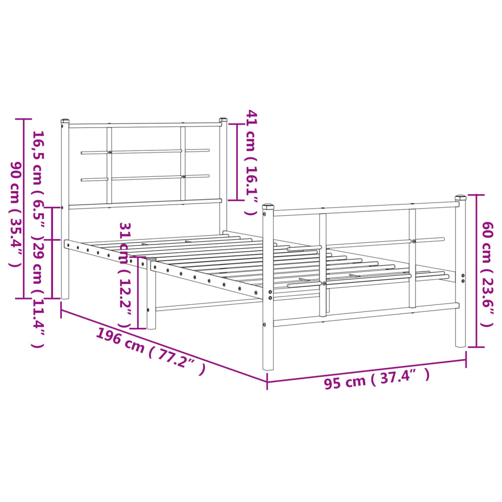 vidaXL Metal Bed Frame without Mattress with Footboard White 90x190cm