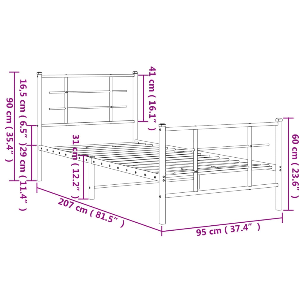 vidaXL Metal Bed Frame without Mattress with Footboard White 90x200cm