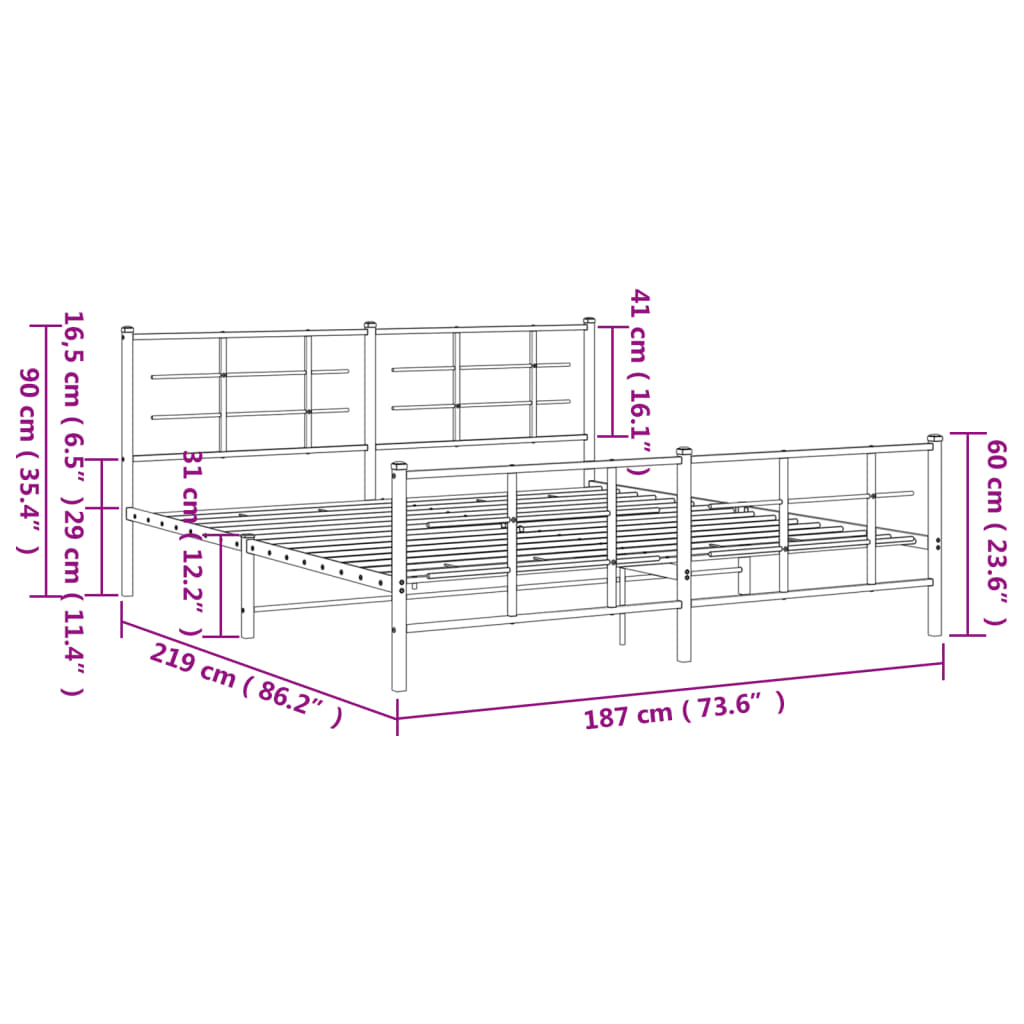Metal Bed Frame without Mattress with Footboard White 183x213cm