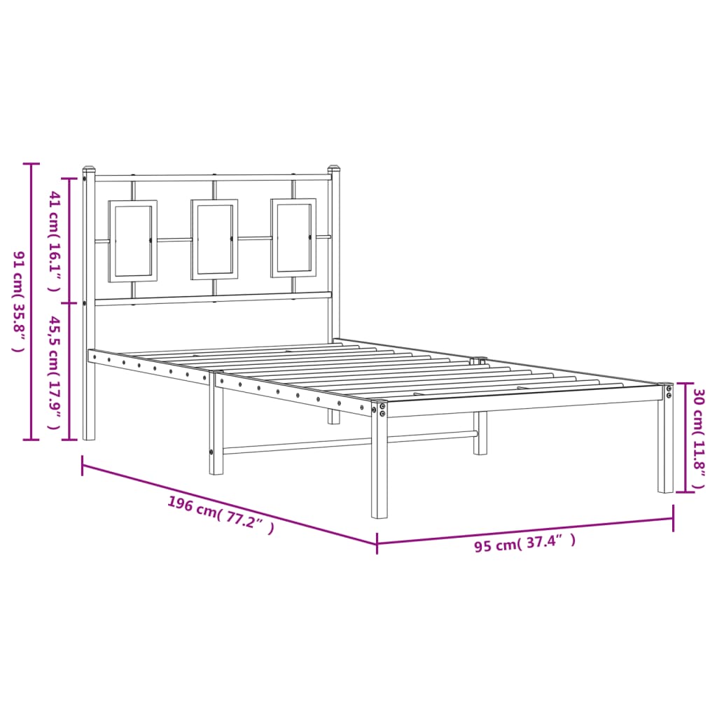 vidaXL Metal Bed Frame without Mattress with Headboard Black 90x190cm