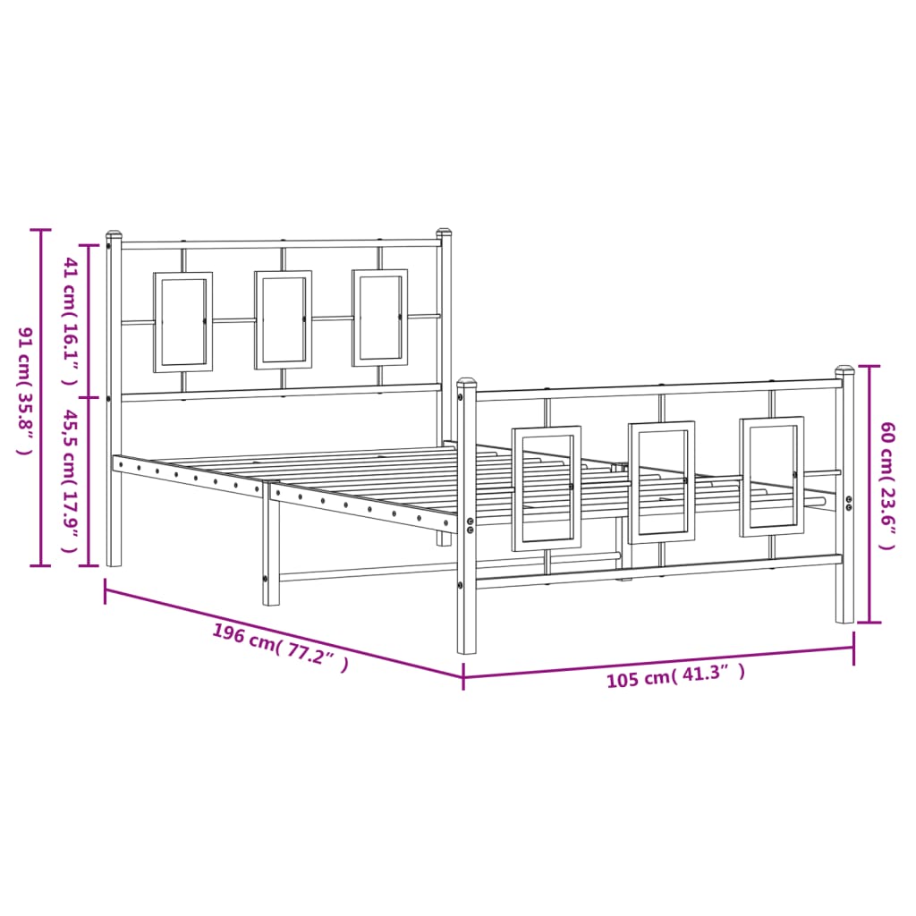 vidaXL Metal Bed Frame without Mattress with Footboard Black 100x190cm