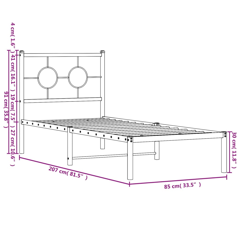 vidaXL Metal Bed Frame without Mattress with Headboard Black 80x200cm