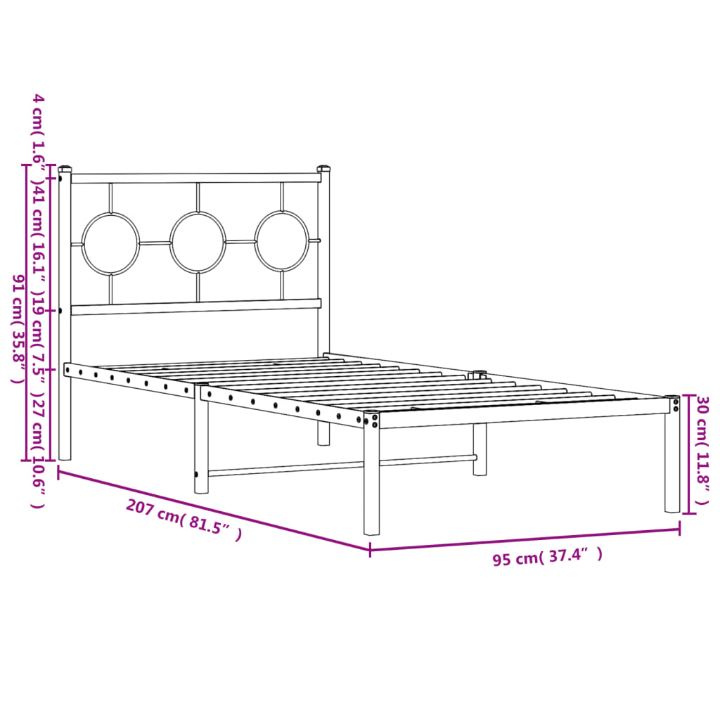 vidaXL Metal Bed Frame without Mattress with Headboard Black 90x200cm