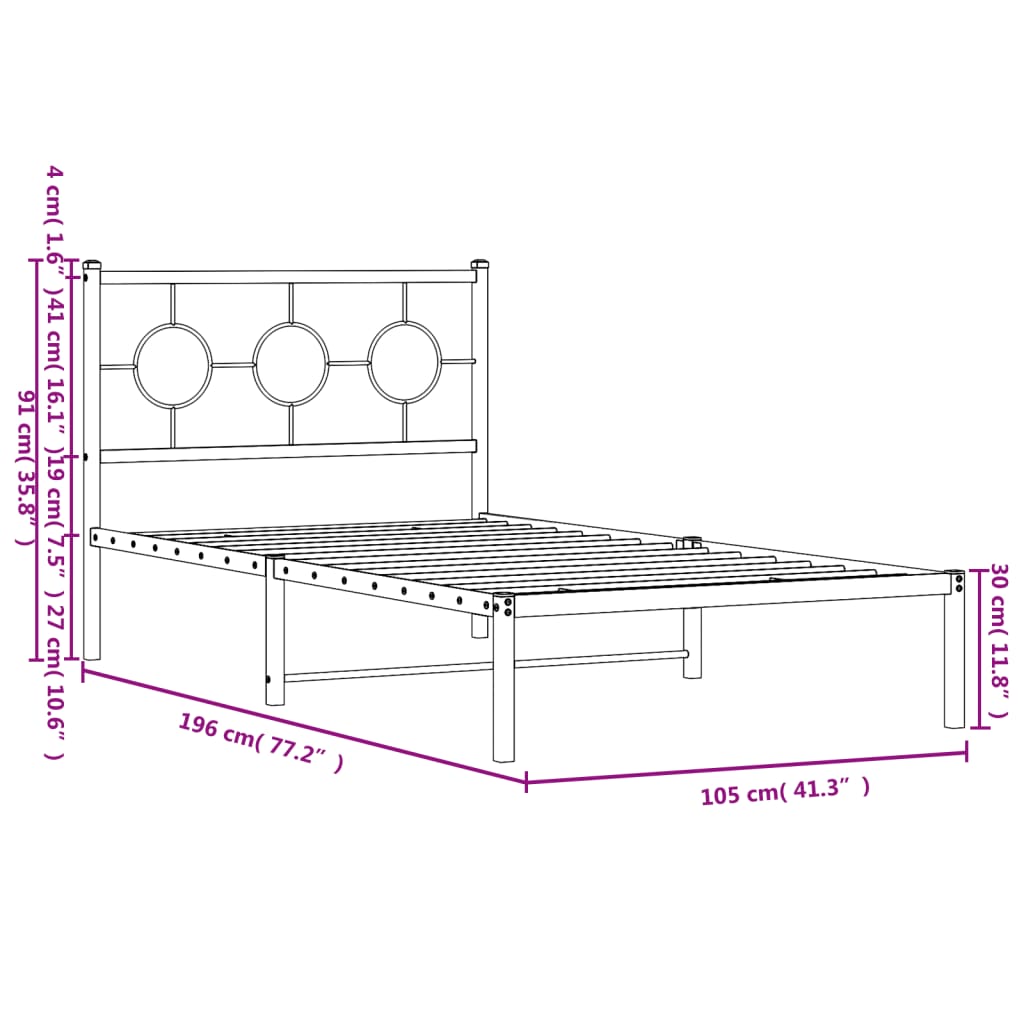 vidaXL Metal Bed Frame without Mattress with Headboard Black 100x190cm