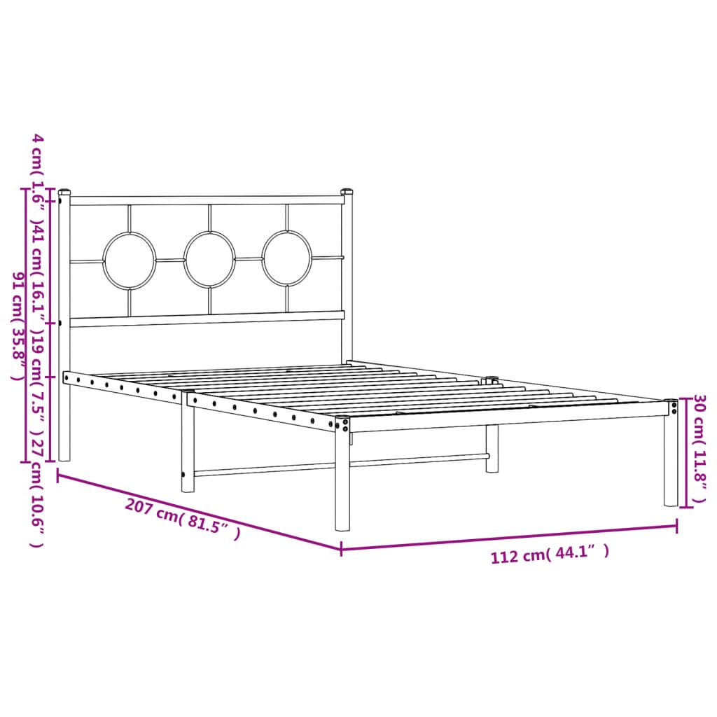 vidaXL Metal Bed Frame without Mattress with Headboard Black 107x203cm