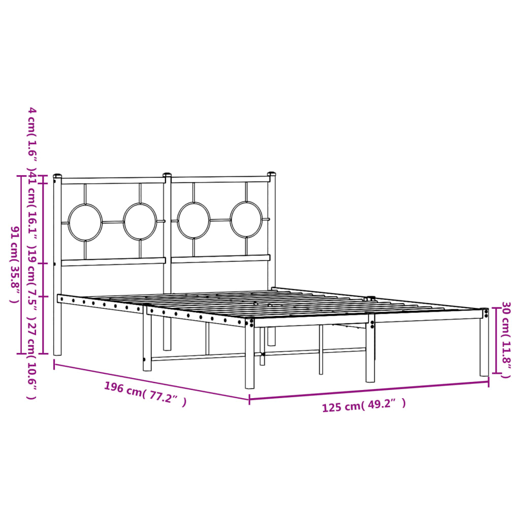 vidaXL Metal Bed Frame without Mattress with Headboard Black 120x190cm