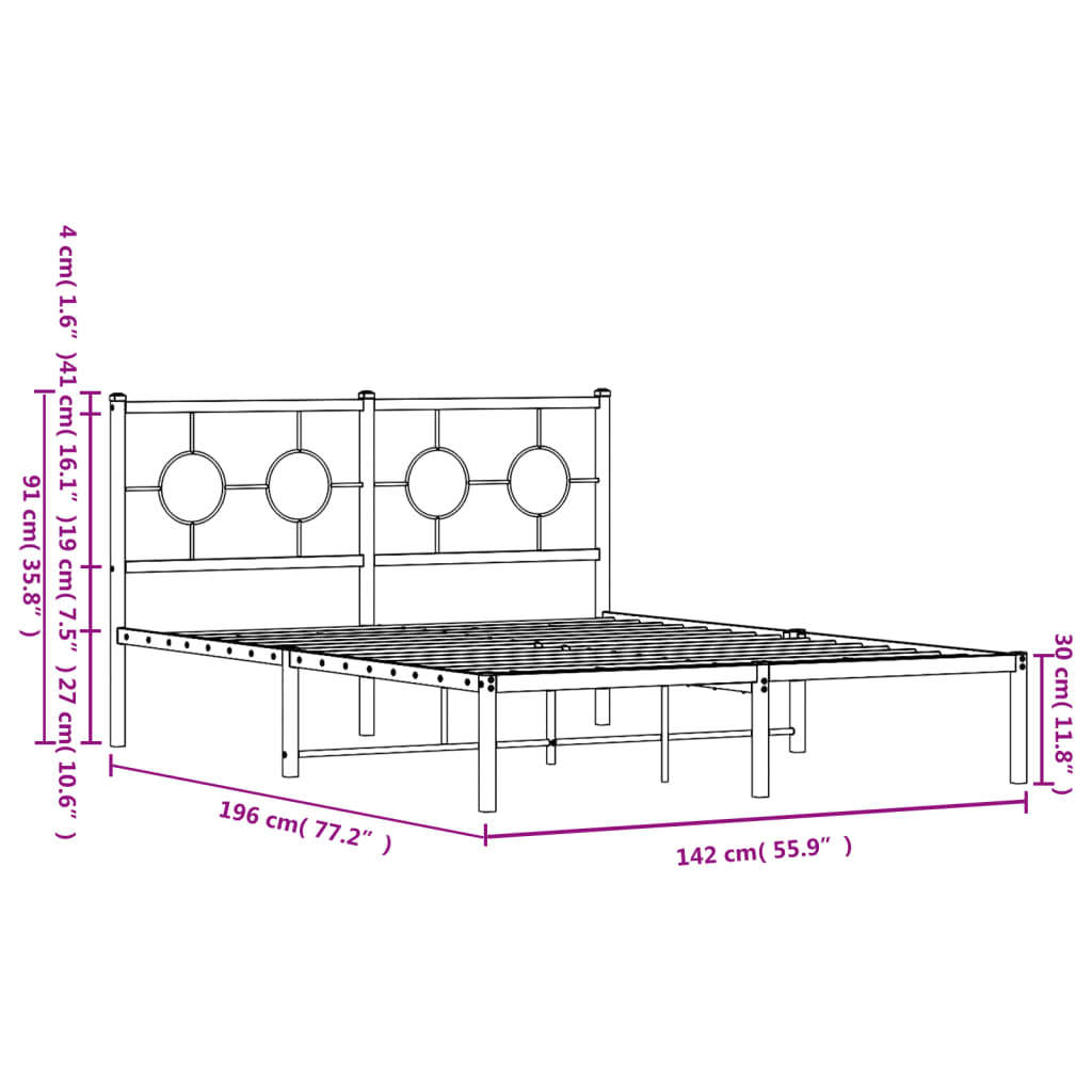 vidaXL Metal Bed Frame without Mattress with Headboard Black 135x190cm