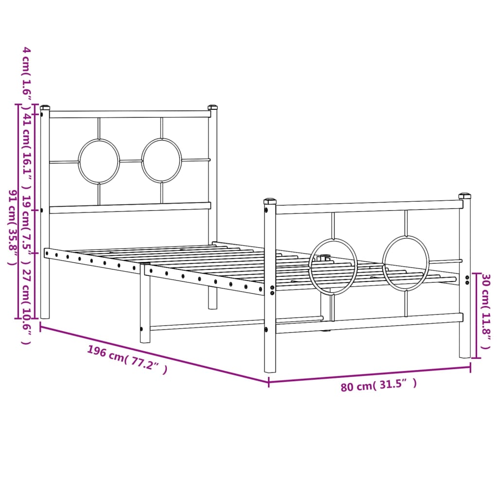 vidaXL Metal Bed Frame without Mattress with Footboard Black 75x190cm