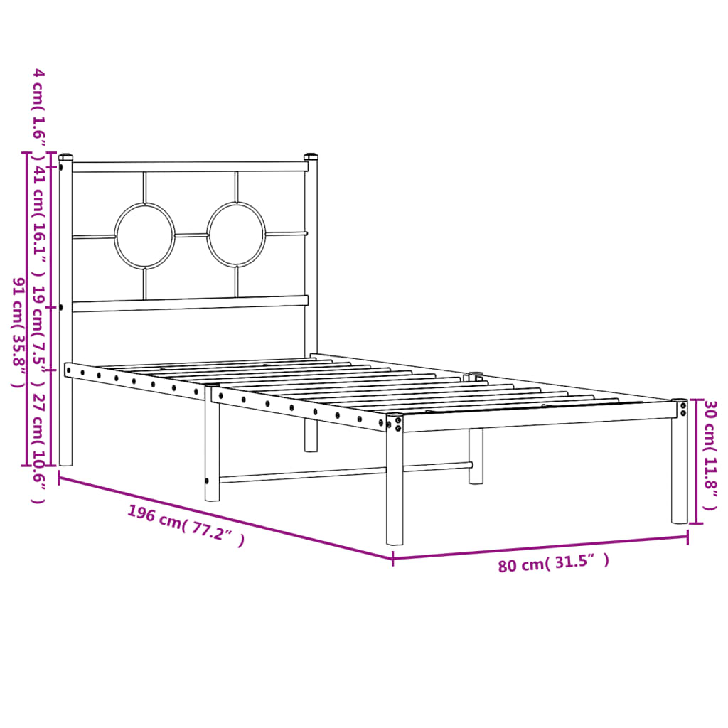 vidaXL Metal Bed Frame without Mattress with Headboard White 75x190cm