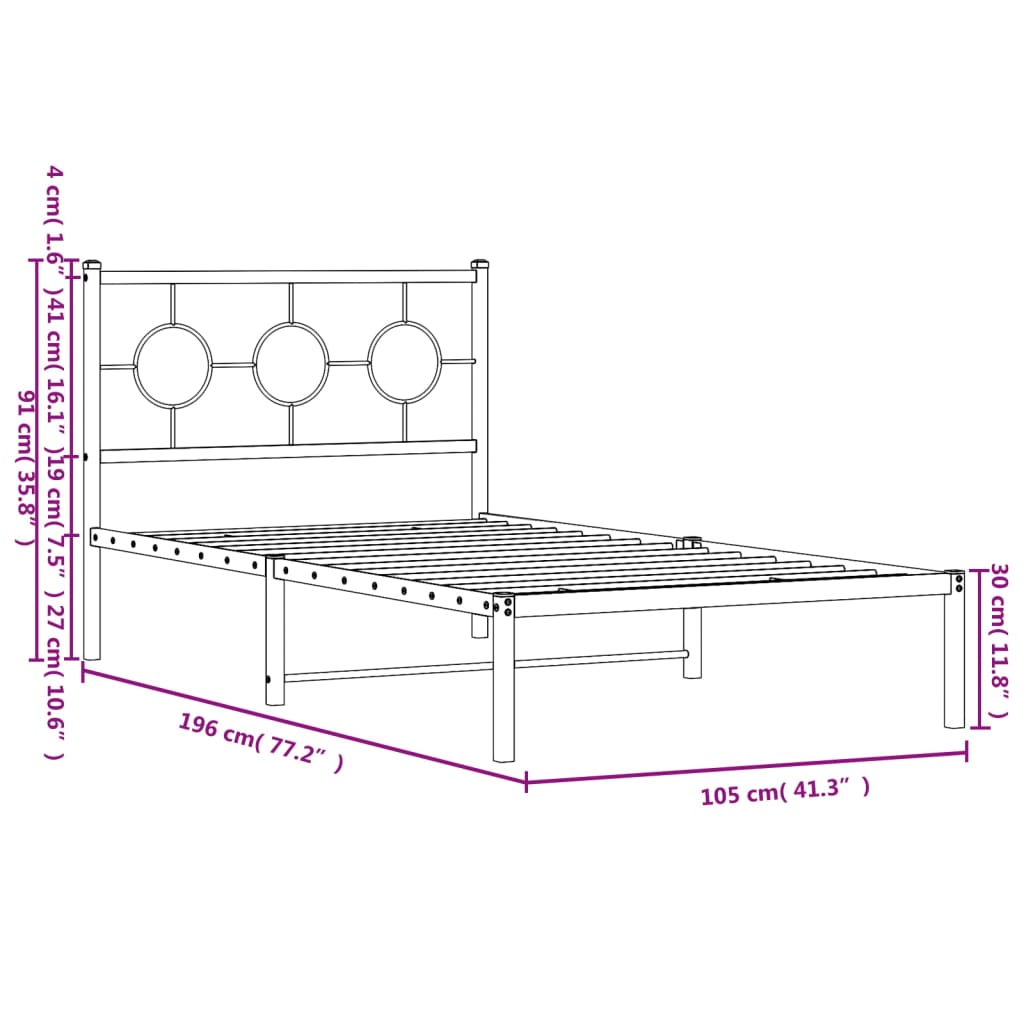 vidaXL Metal Bed Frame without Mattress with Headboard White 100x190cm