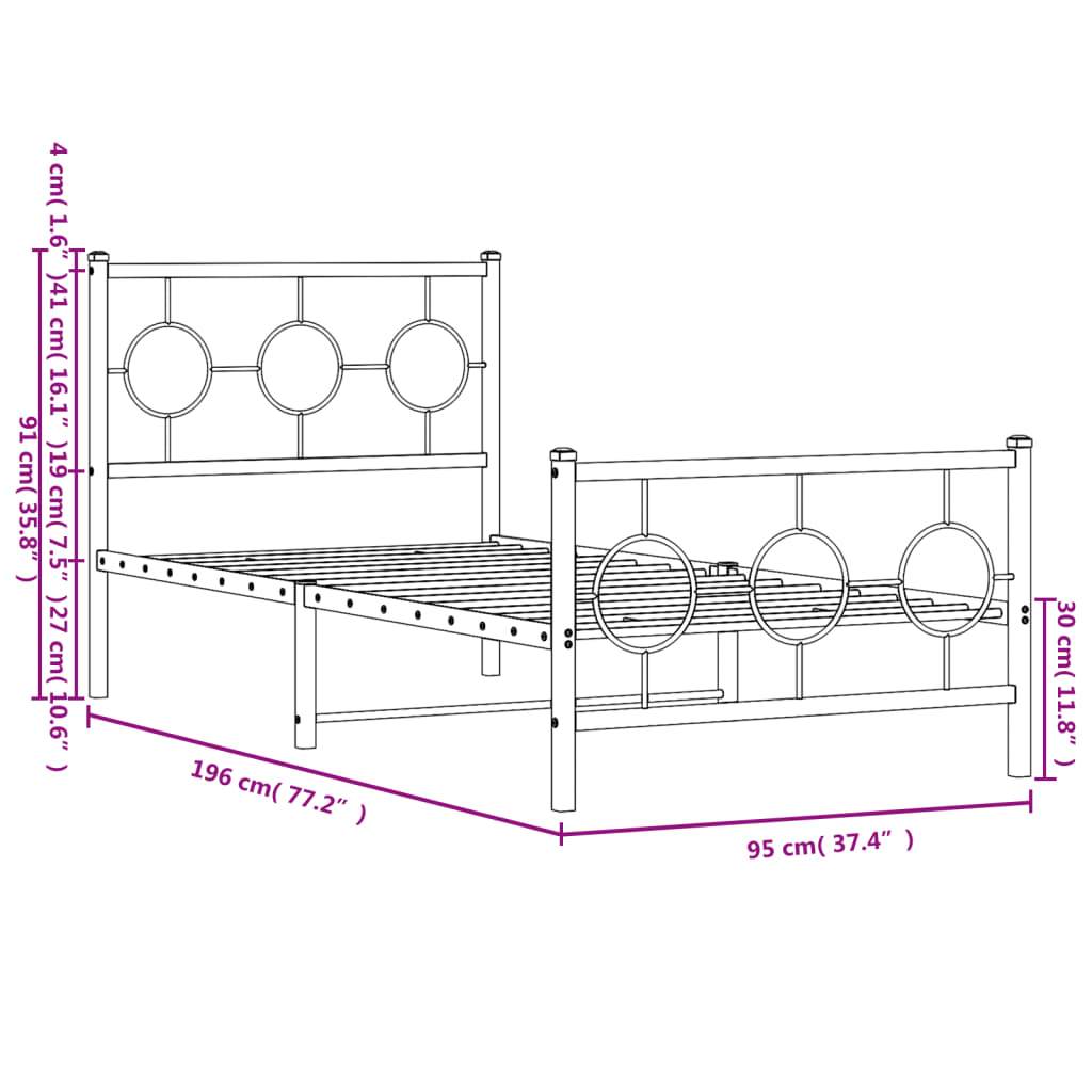 vidaXL Metal Bed Frame without Mattress with Footboard White 90x190cm