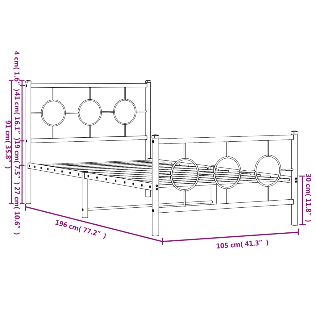 vidaXL Metal Bed Frame without Mattress with Footboard White 100x190cm