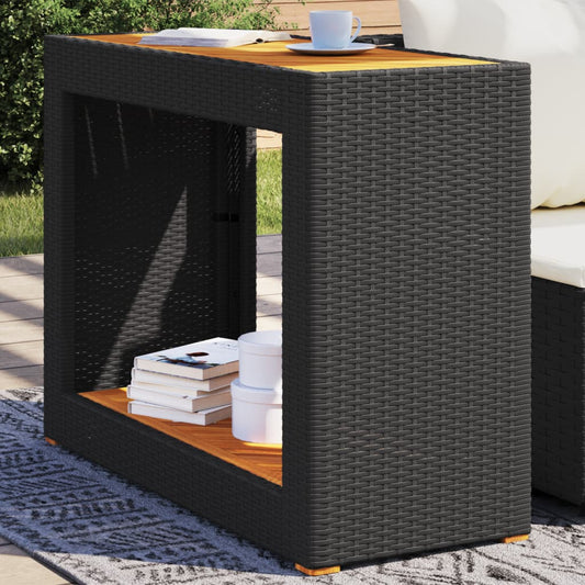 Garden Side Table with Wooden Top Black 100x40x75cm Poly Rattan