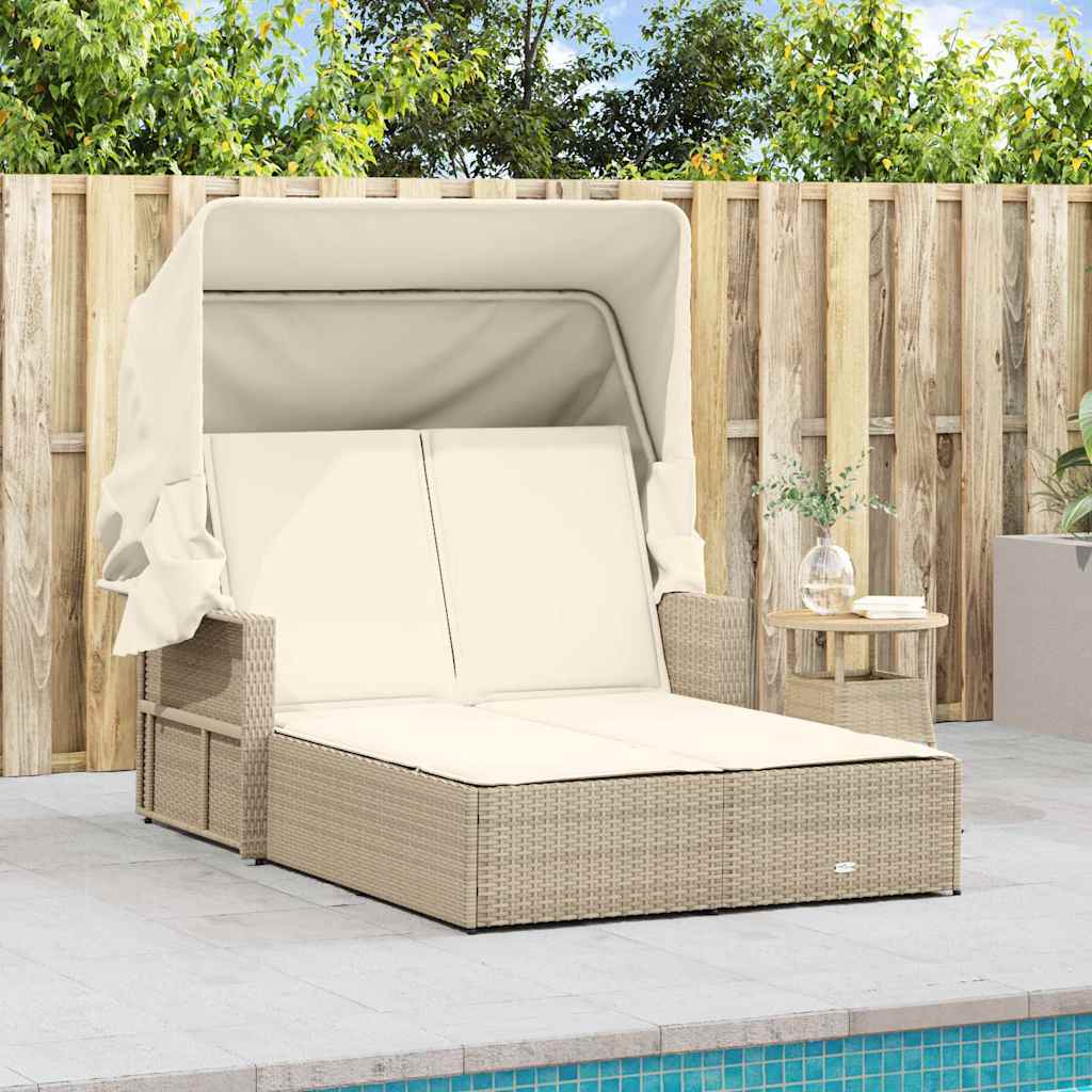 Double Sun Lounger with Canopy and Cushions Beige Poly Rattan