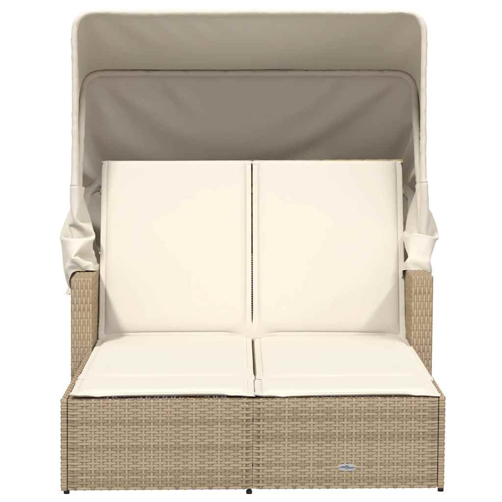 Double Sun Lounger with Canopy and Cushions Beige Poly Rattan
