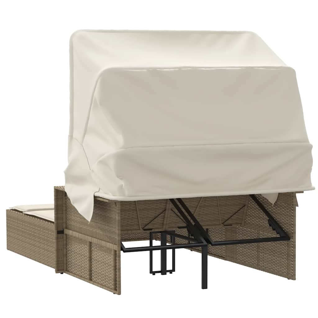 Double Sun Lounger with Canopy and Cushions Beige Poly Rattan