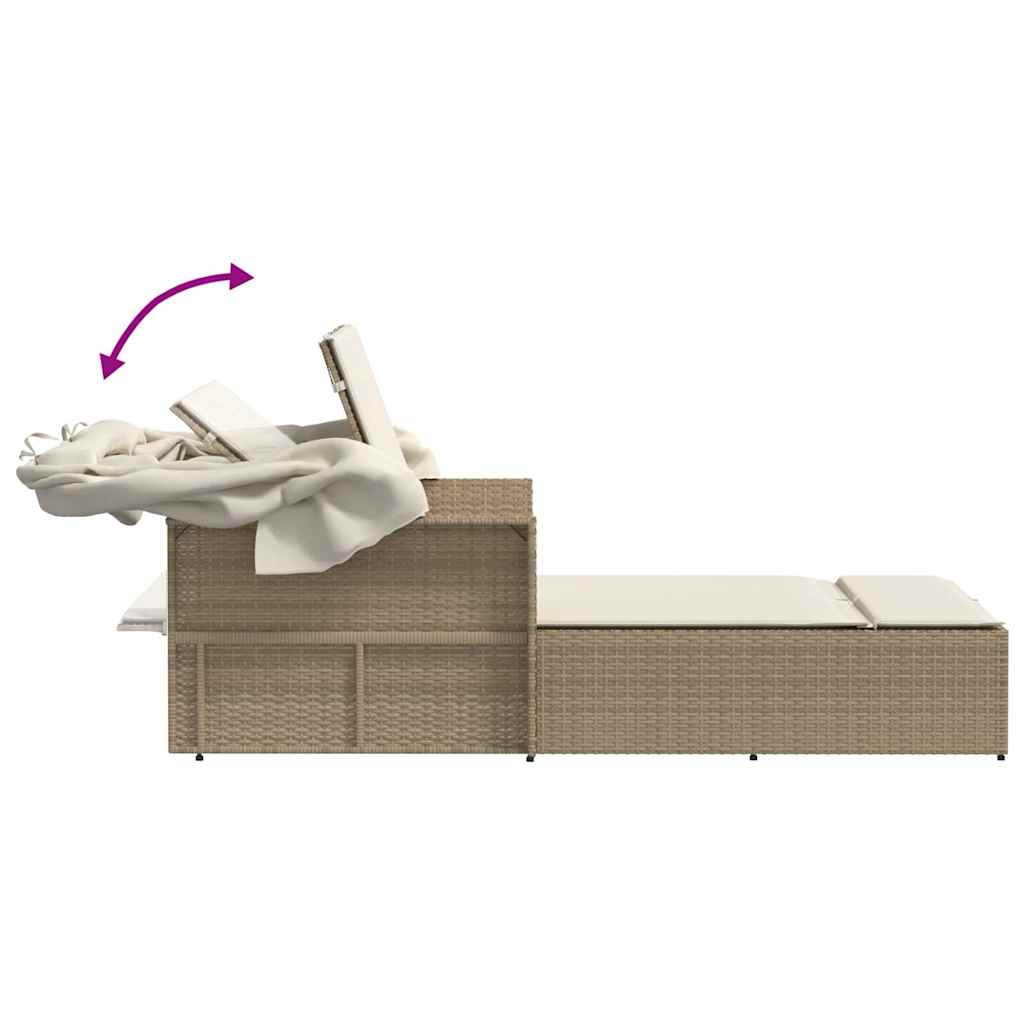 Double Sun Lounger with Canopy and Cushions Beige Poly Rattan