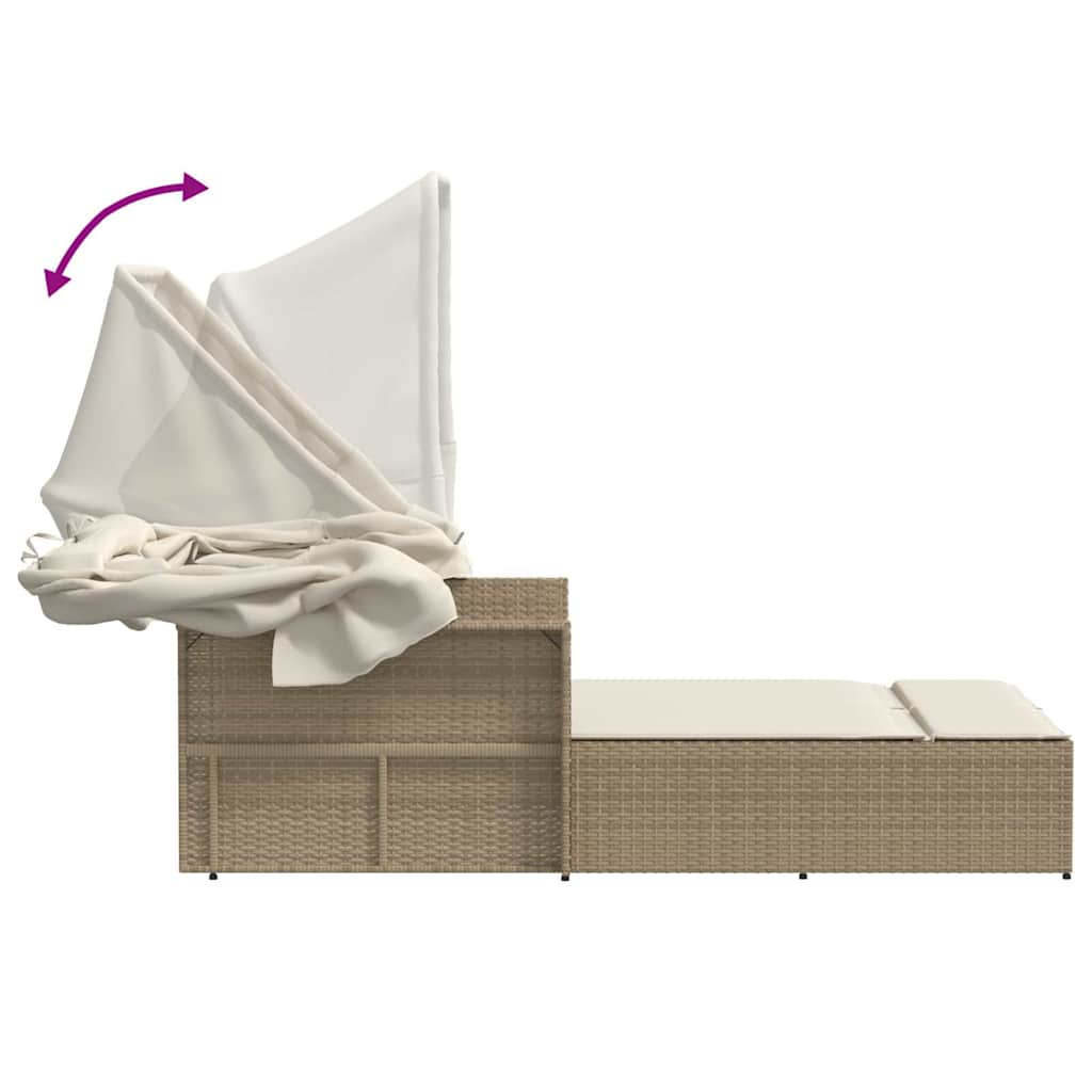 Double Sun Lounger with Canopy and Cushions Beige Poly Rattan