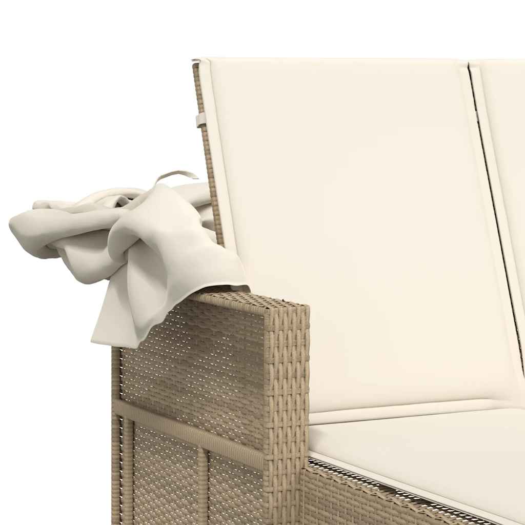 Double Sun Lounger with Canopy and Cushions Beige Poly Rattan